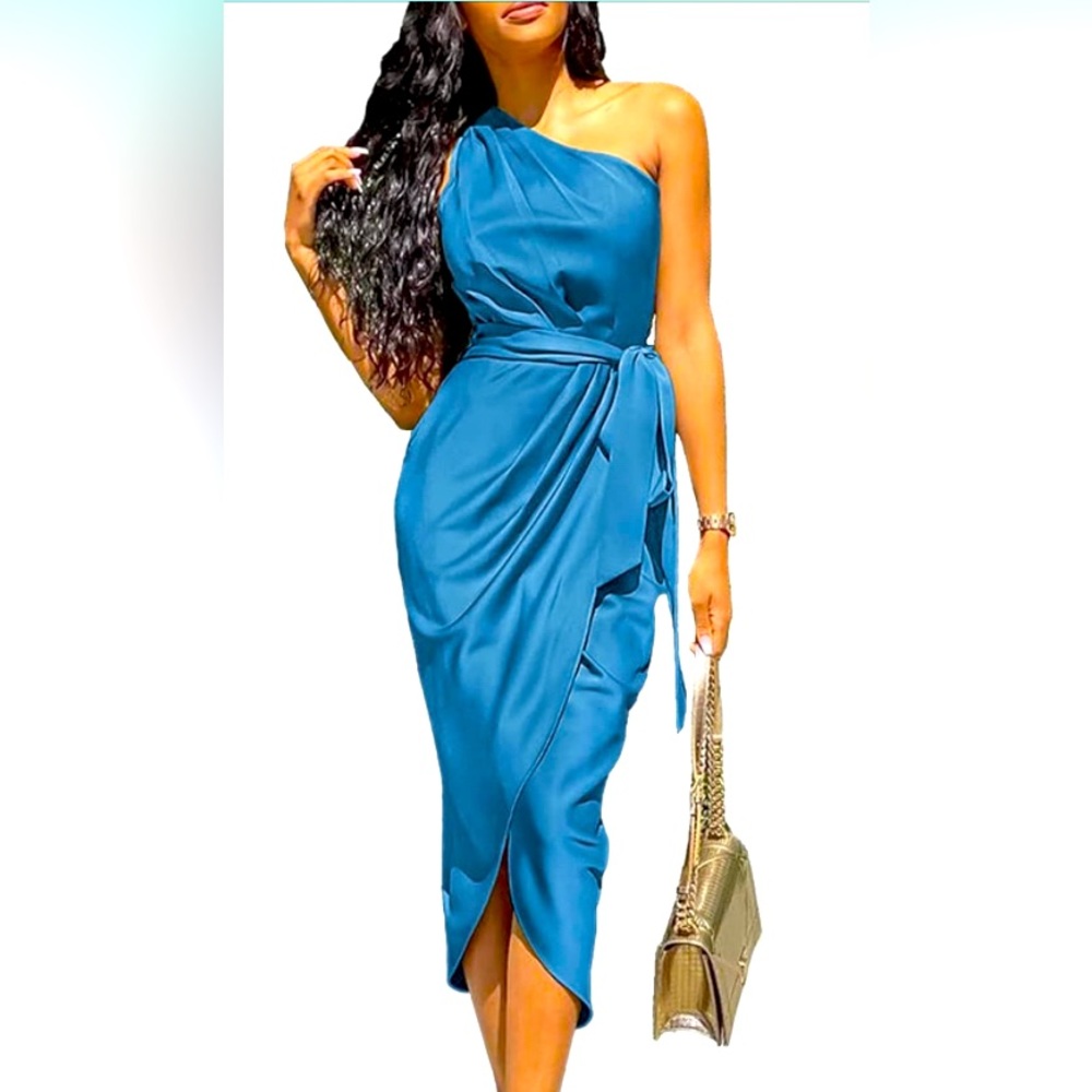 PRETTYGARDEN Women's Summer Ruched One Shoulder Satin Cocktail Dress size L